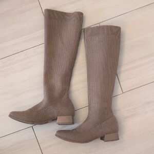 Knee-High Knit Block Heel Boots - Taupe